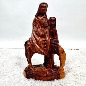 VTG Carved Olive Wood Holy Family Nativity Scene on Donkey Figurine Christmas